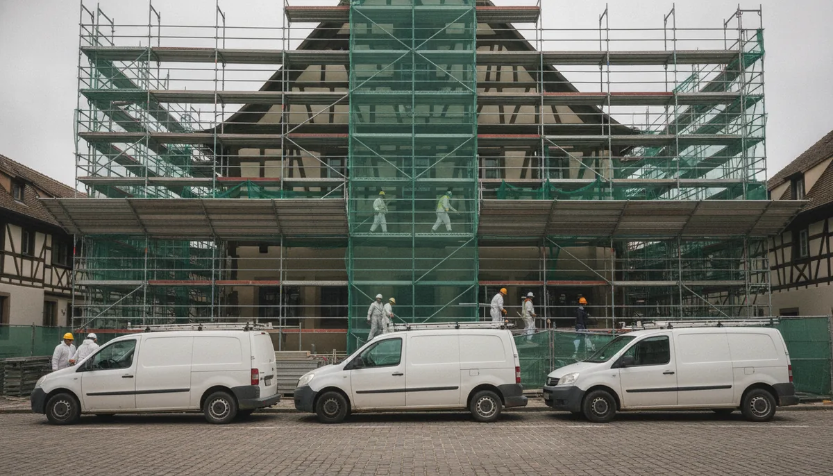 Camions d'entreprises de désamiantage devant un chantier à Strasbourg