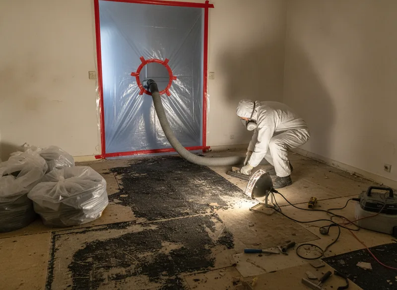 Dalles de sol vinyle-amiante et colle noire retirées sous confinement dans un appartement à Strasbourg